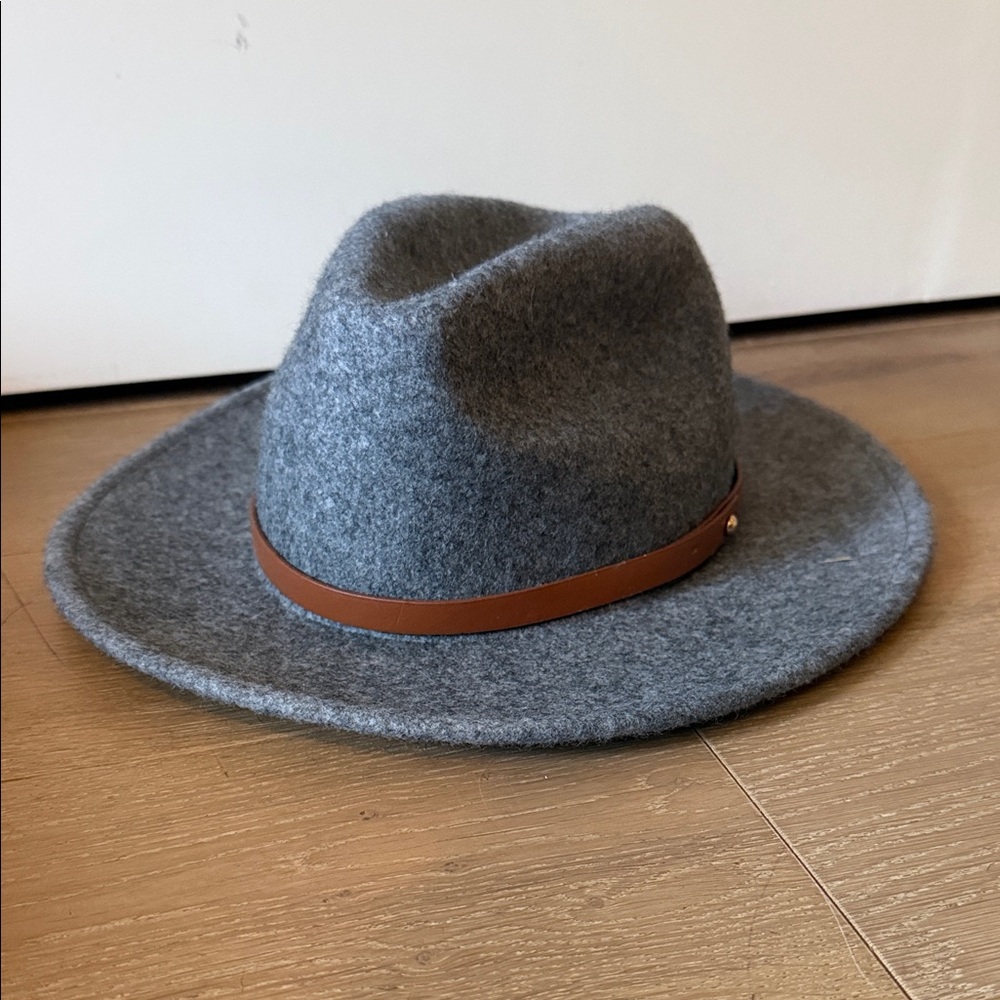 Free People Gray Wool Fedora Hat with Brown Leather Band
